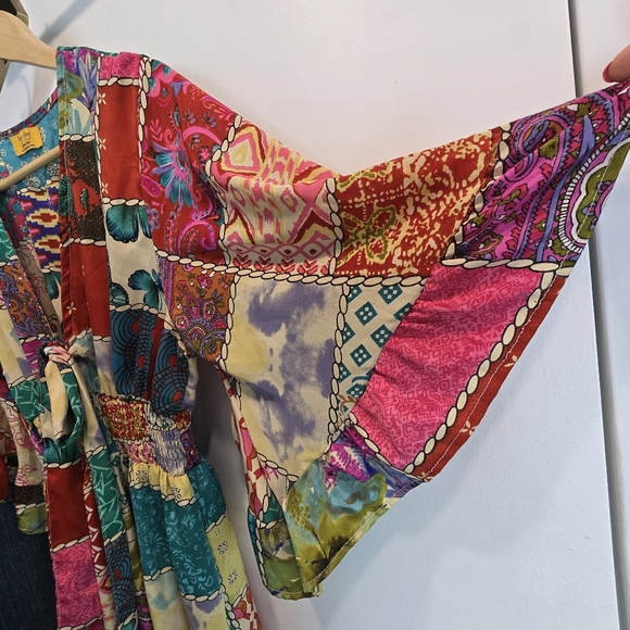 Tipsy Gipsy Colorful Patchwork Boho Tie-Front Mini Dress Size M - Picture 5 of 13